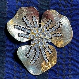 Whimsical Floral Pansy Gold Tone Large Brooch Clear Rhinestones 3” Three Petal